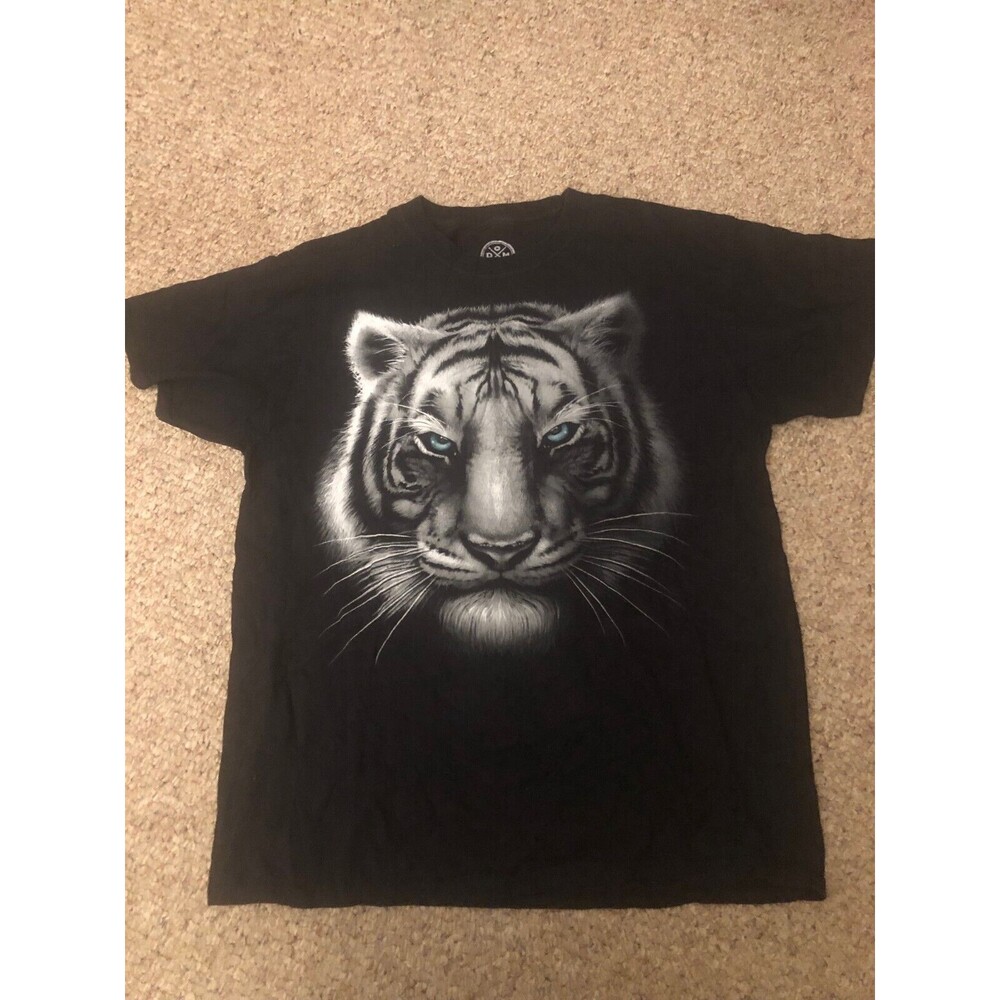 DOM Graphic White Tiger Blue Eyes Black T Shirt Nature‎ Tee Size Large Excellent